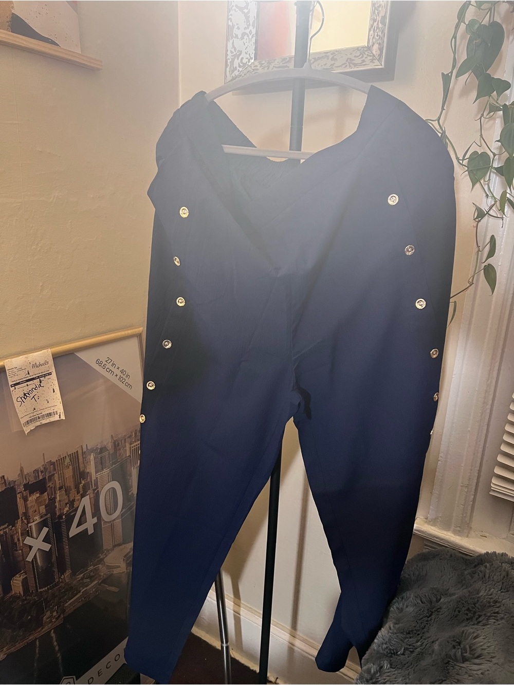 Navy Button-Accent Womens Pants